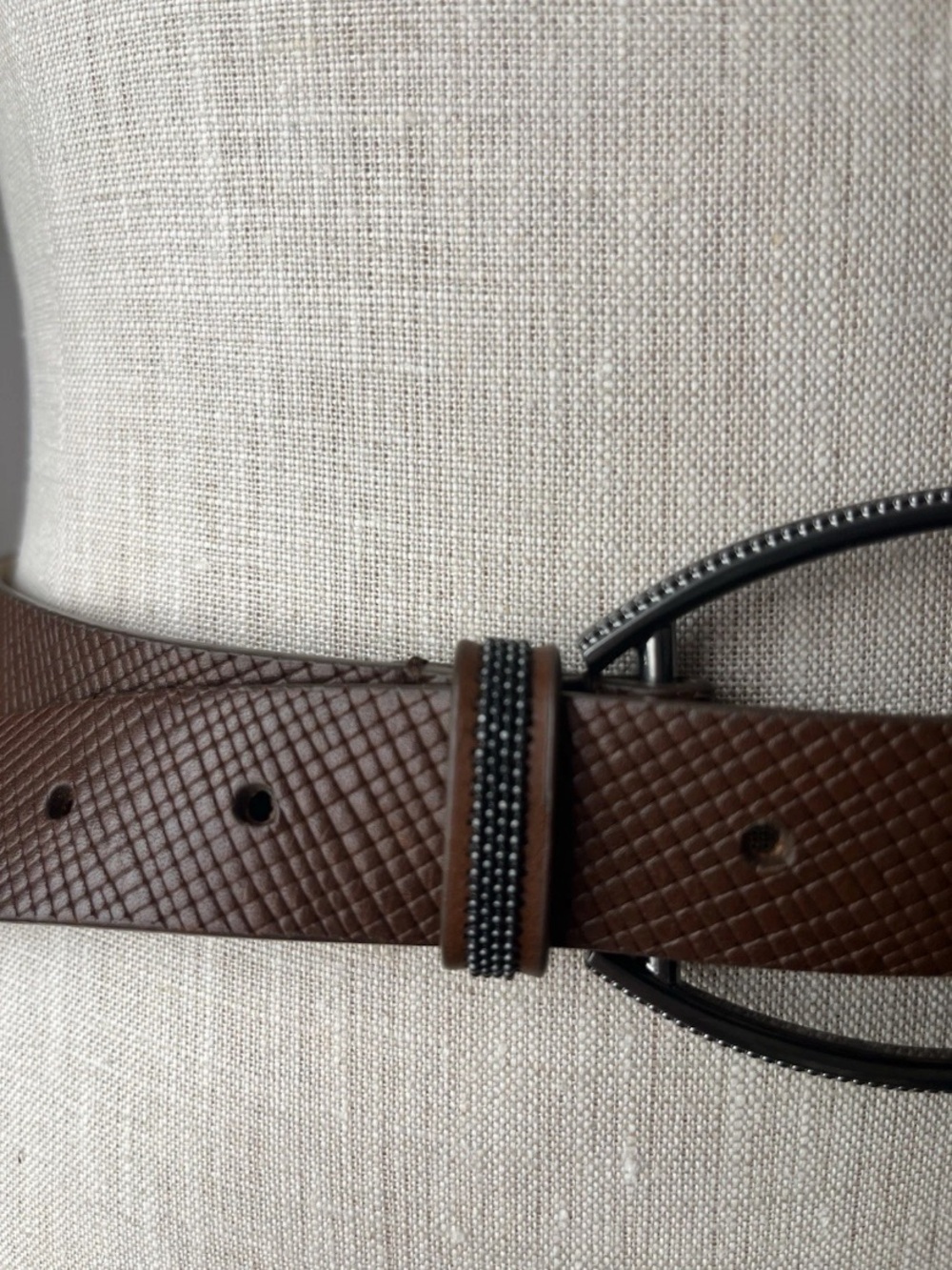 Brunello Cucinelli Brown Textured Leather Belt with Beaded Keeper
